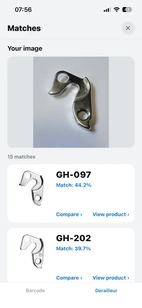 Bikeparts Derailleur Finder app interface Find the right bike part, fast overview