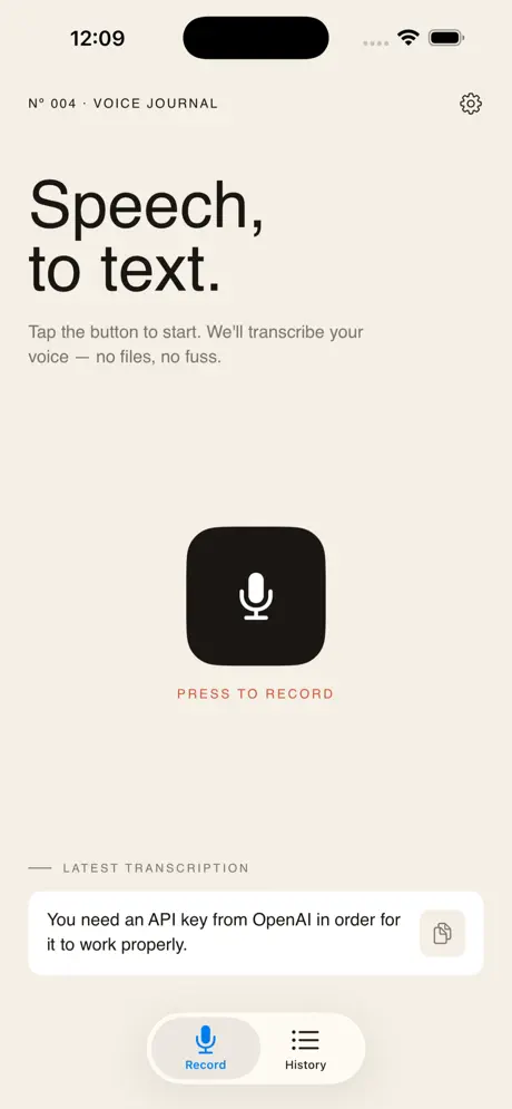 Speech to Text app interface Speech to text, with a single tap overview