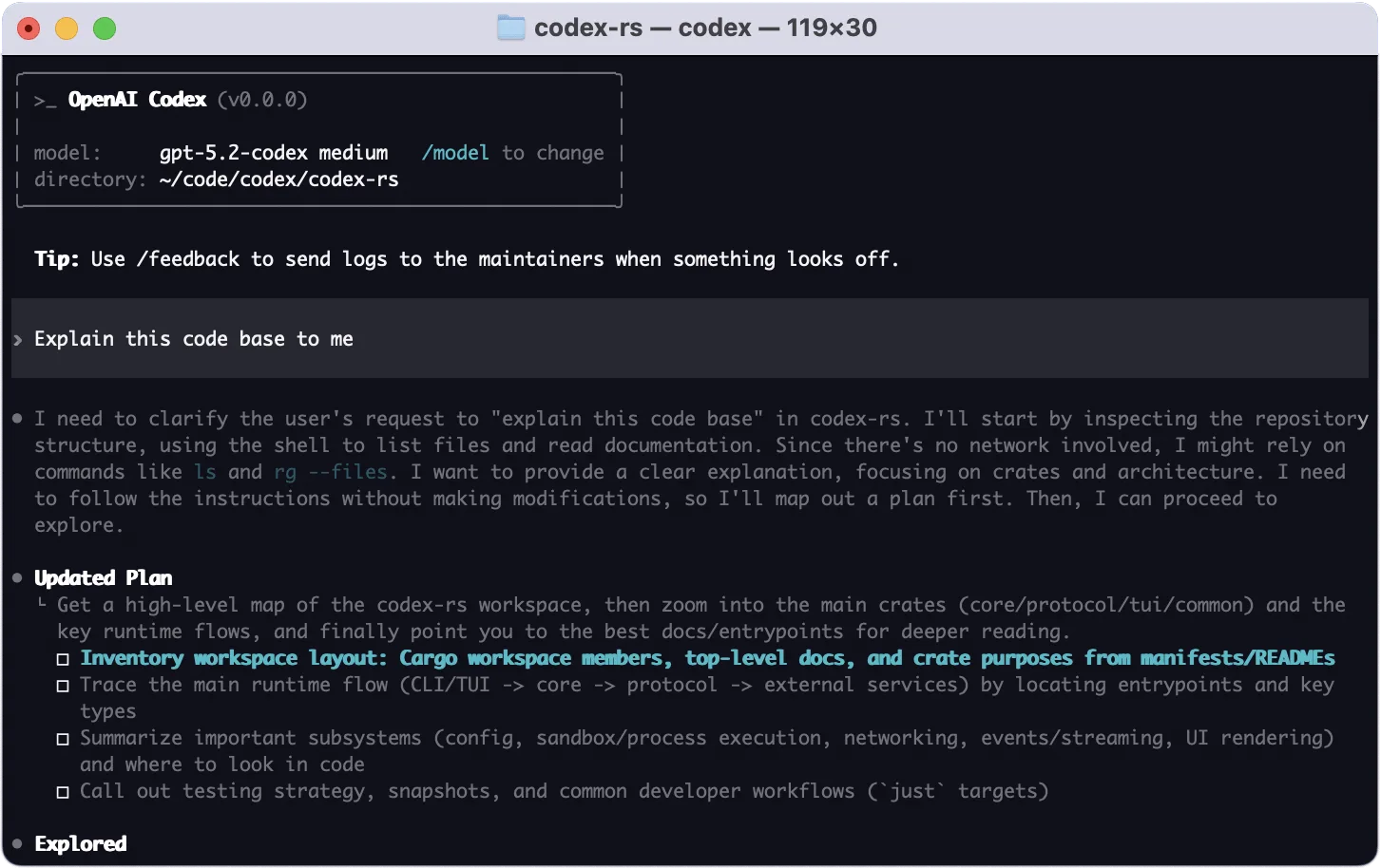 OpenAI Codex i terminalen — ChatGPT Codex planerar hur den ska gå igenom en kodbas