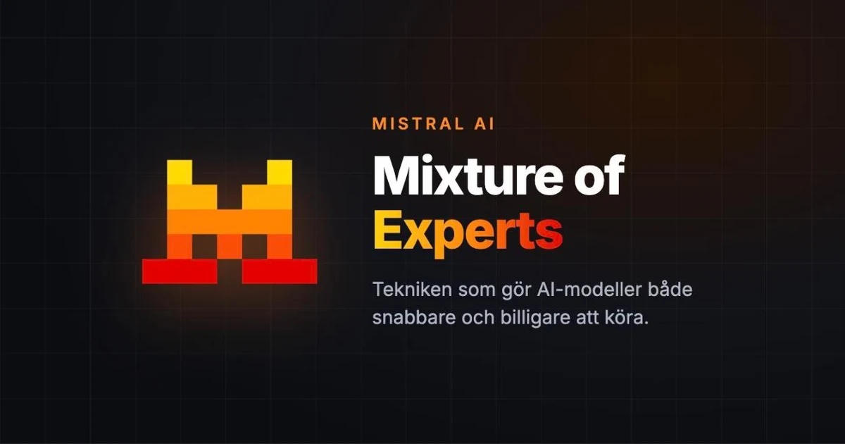 Mistral AI:s logotyp bredvid texten Mixture of Experts — tekniken bakom Mistrals AI-modeller