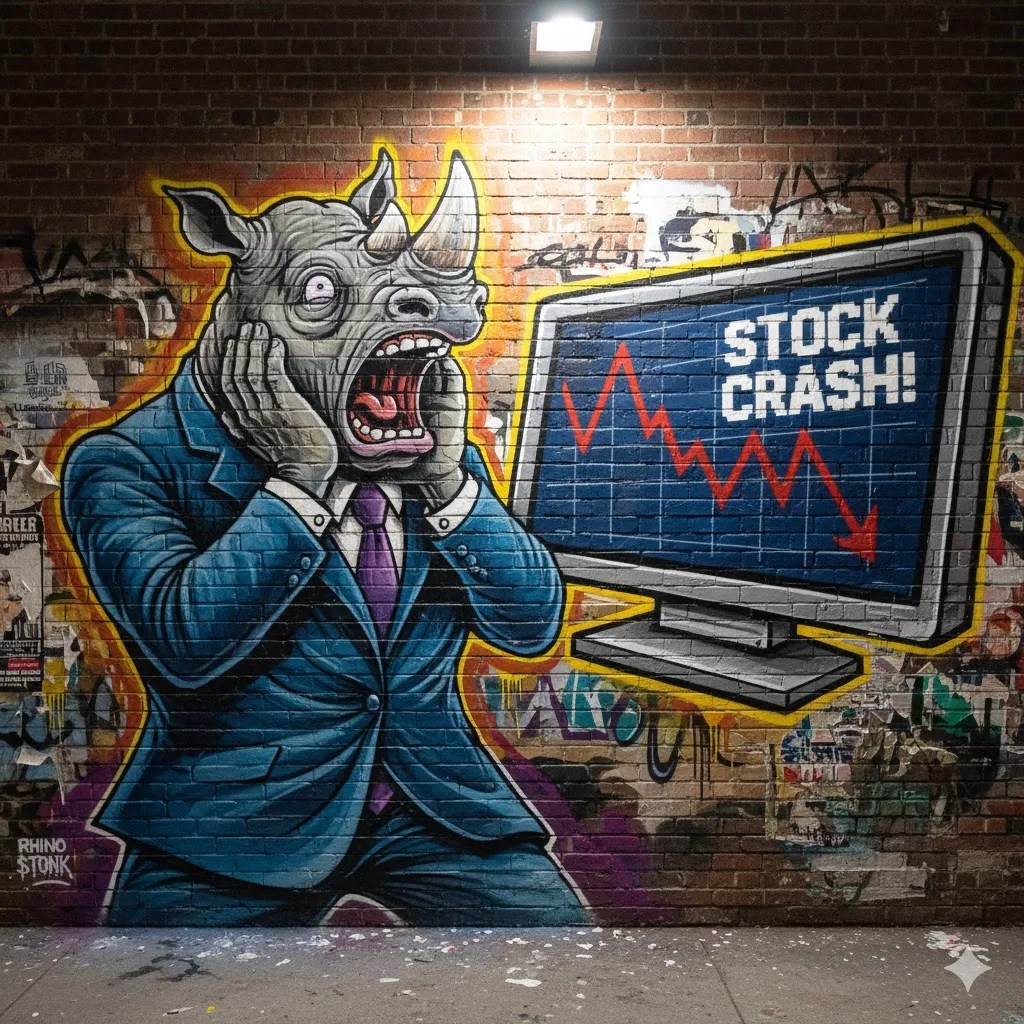 Graffitimålning av en noshörning i kostym framför en skärm med texten Stock crash — en bild skapad med Nano Banana
