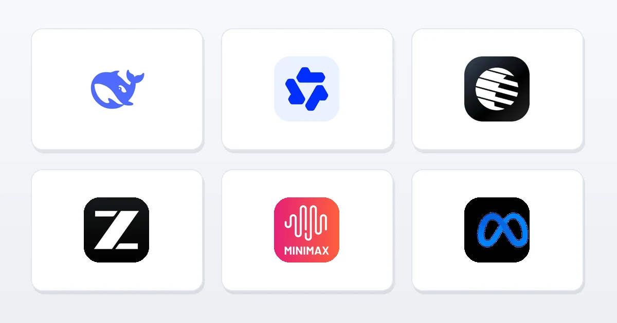 Logotyper för DeepSeek, Qwen, Kimi, GLM, MiniMax och Llama — de största AI-modellerna med öppen källkod 2026