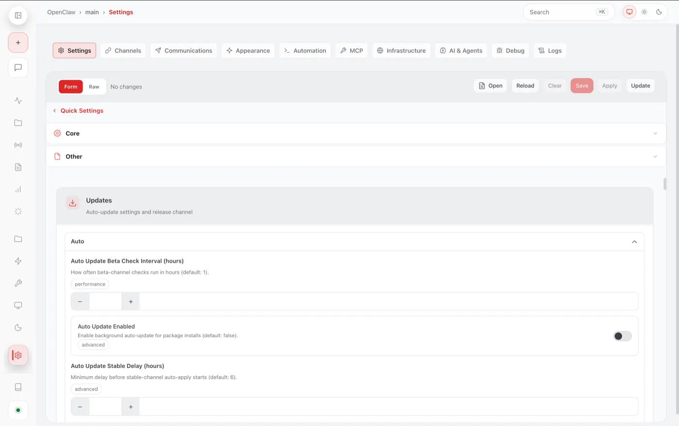 OpenClaws inställningssida med flikar för kanaler, automatisering, AI och agenter